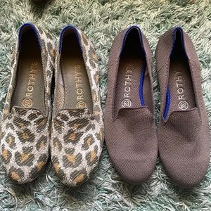 Two pairs of rothys original loafers, Sage smoke spot, and mocha sz 8